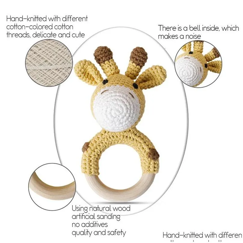 1Pc Baby Wooden Rattles Plush Crochet Giraffe Animal Music Bell Personalized Pacifier Chain Clip Teething Bracelets born Toys 240327