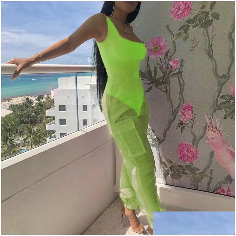 Women`S Tracksuits Anjamanor Y Two Piece Set Bodysuit Top And Mesh Pants Neon Pink Green Summer 2 Club Outfits Matching Sets D59-Ab72 Dhcey