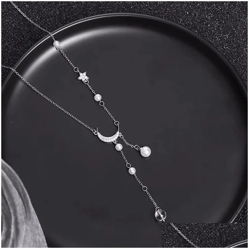 New Zircon Moon Star Tassel 14K White Gold Necklace for Women Simple Fashion Clavicle Chain Daily Life Accessories Party Jewelry Birthday