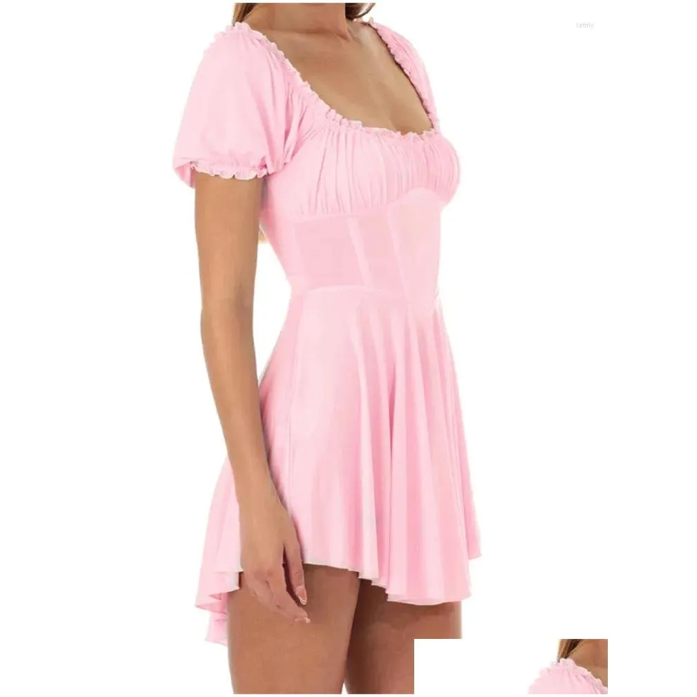 Casual Dresses Women Retro Mini Dress Puff Short Sleeve Square Neck Backless Tie-up Pleated A-line Summer Y2K Chic Kawaii Clothes
