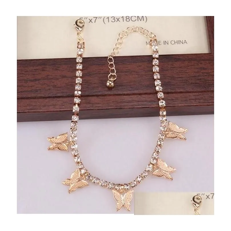 Anklets Creative Rhinestone Small Butterfly Simple Temperament Claw Chain Tassel Foot Ornaments Stylish Beach Ornament Anklet For Dro Dh09G