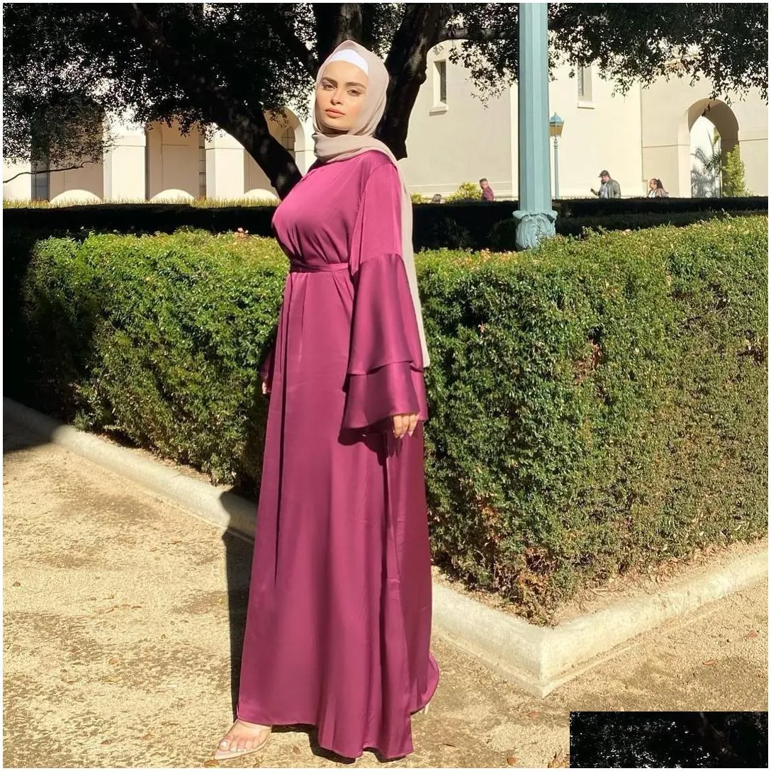 Ethnic Clothing Ramadan Eid Satin Hijab Dress Dubai Abaya Turkey Summer Flare Sleeve Muslim Fashion Maxi Dresses For Women Islam Kaft Dhdiv