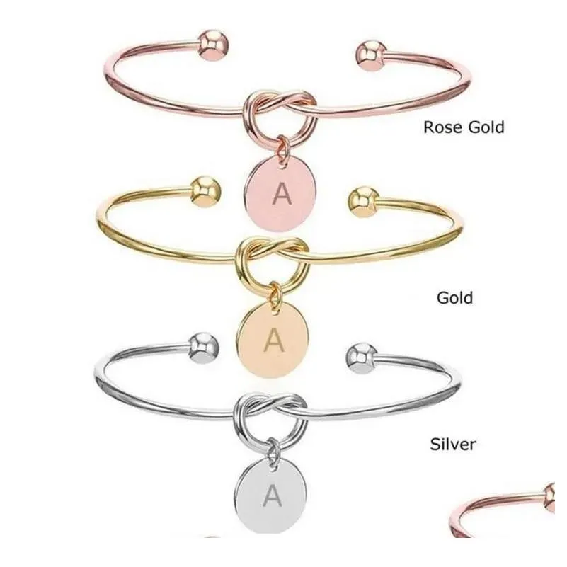 Bangle 26 Initial Letter Knot Heart Bracelet Girl Fashion Jewelry Alloy Round Pendant Bracelets For Women Girls Bridesmaid Gift Drop Dhham