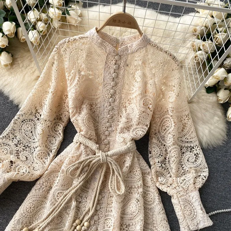 Runway Designer Vintage Mini Dress Hollow Out Embroidery Stand Collar Lantern Sleeve Bow Sashes Lace Up Party Dress 2023