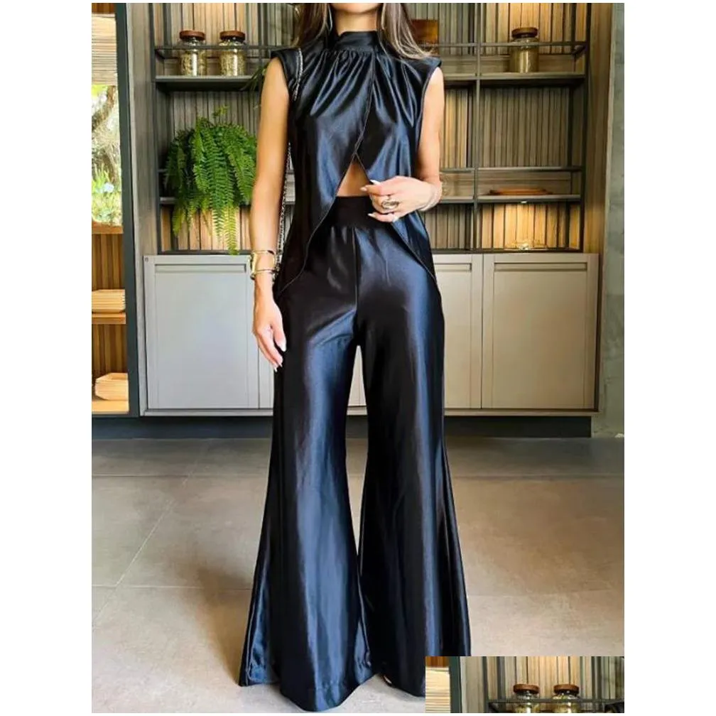 Women`S Tracksuits Womens Drauuing 2 Pieces Set Sleeveless Tank Split Hem Top And Wide Leg Pants Outfits Silk Pant Matching 230630 Dr Dhceh