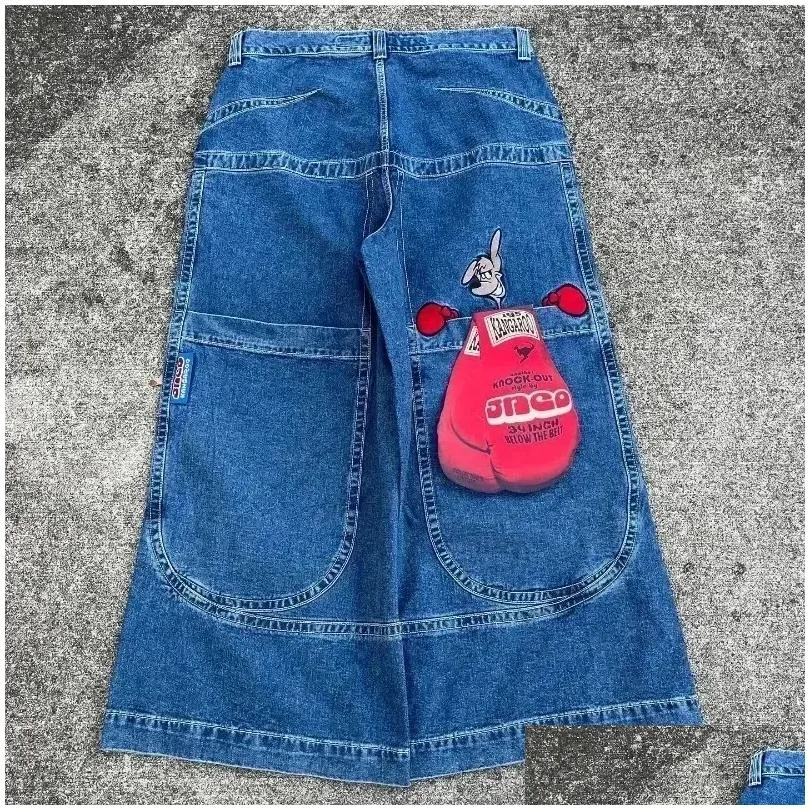Men`S Jeans Jnco Y2K Harajuku Hip Hop Letter Embroidered Vintage Baggy Denim Pants Mens Goth High Waist Wide Trousers 240311 Drop Del Dhabh