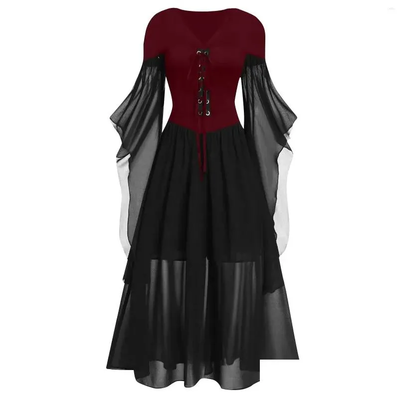 Casual Dresses Punk Vintage Cocktail For Women Gothic Style Fashion 1950s Midi Dress Flare Sleeve A Line Evening Party Costumes