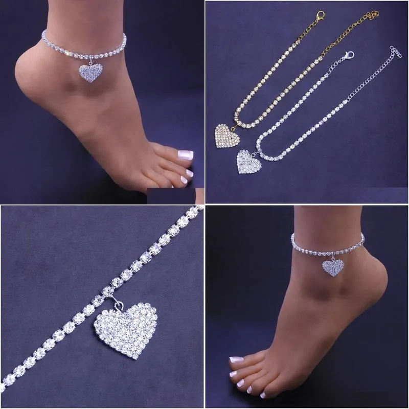 2024 Rhinestone Heart Pengdant Chain 14K Gold Anklets Luxury Bracelet on Leg Accessories For Women Wedding Party Fashion Jewelry