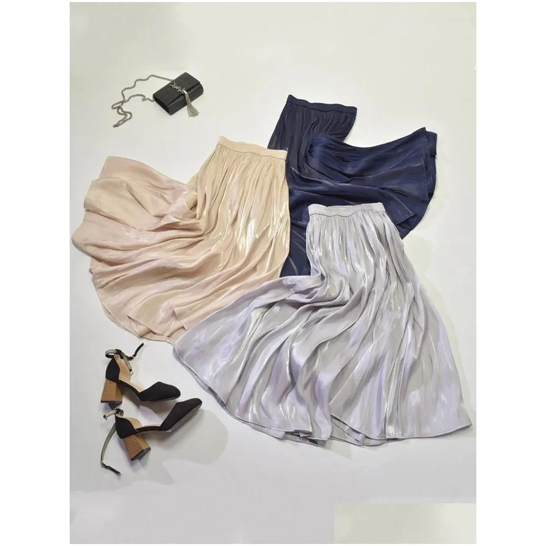 Skirts Faldas Elegant Solid Midi Pleated Skirt Women Korean High Waist Spring Summer Ladies Satin Maxi Female Saia 2024