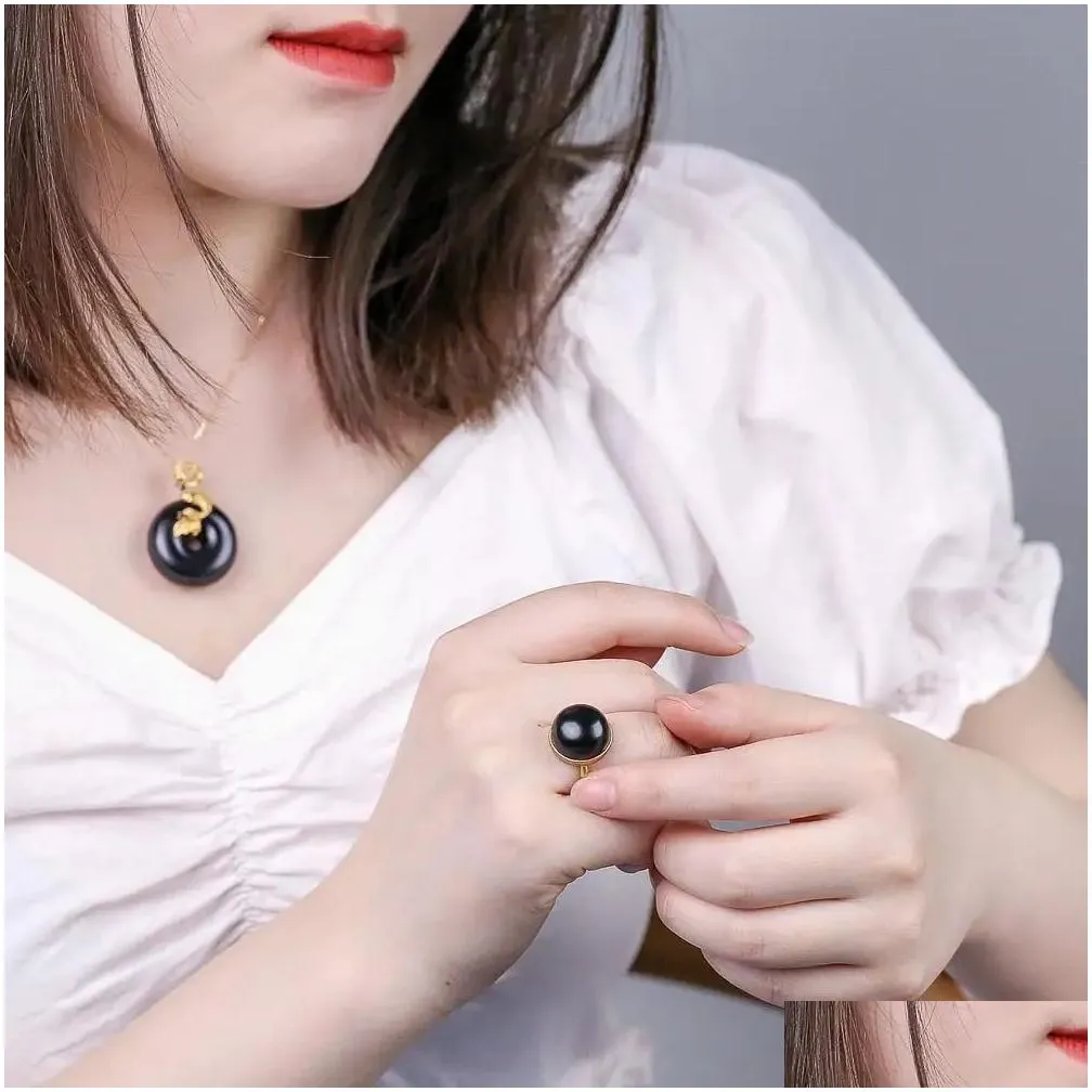 Natural Hetian black jade round bead opening adjustable 14k Yellow Gold ring Chinese retro elegant bamboo charm womens jewelry