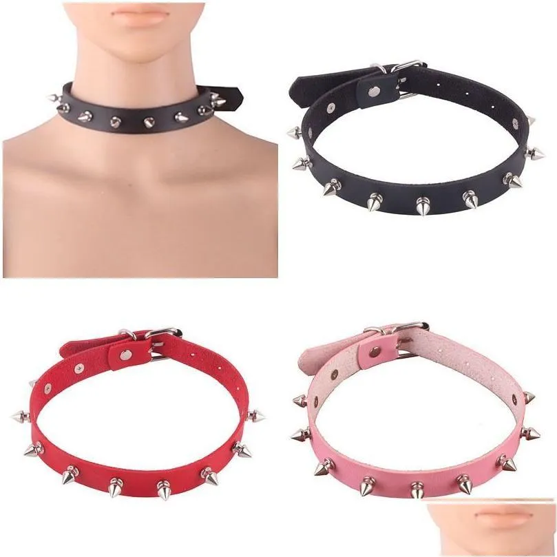Chokers Sexy Gothic Pink Spiked Punk Choker Collar With Spikes Rivets Women Men Studded Chocker Necklace Goth Jewelry Drop Delivery