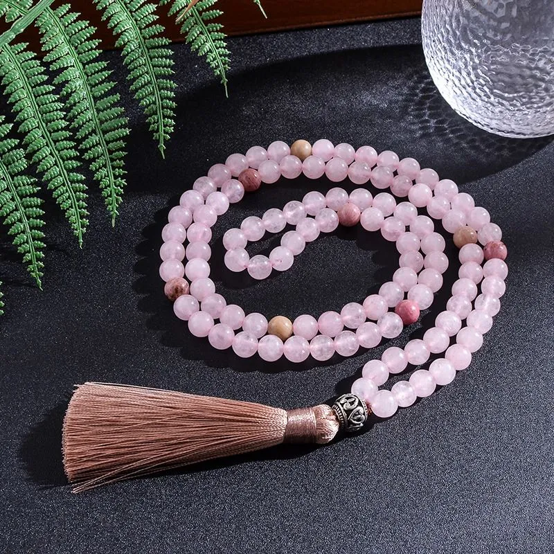 Beaded Necklaces 8mm Natural Rhodolite Rose Quartz Beaded Necklace Set Meditation Yoga Spirit Jewelry 108 Japa Mala Rosary with OM Pendant