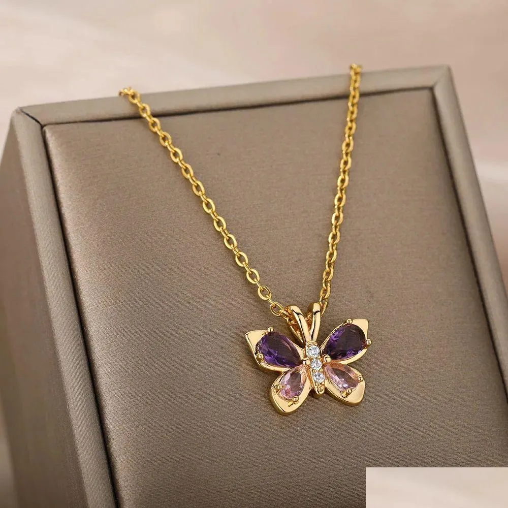 Cute Butterfly Necklace For Women Crystal Purple Butterfly Aesthetic 14k Yellow Gold Necklaces Charms Choker Party Jewelry Gift
