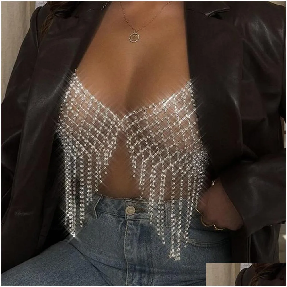 Other Luxury Mesh Tassel Chest Chain Bra Top Crystal Lingerie Bikini Sexy Body Jewelry For Women Festival Gift 221008