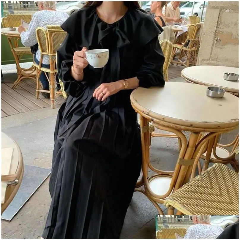 Casual Dresses Elegant Ruffle Collar For Women 2024 French Long Sleeve Bangage Pleated Maxi Vintage A Line Party Dress Q485