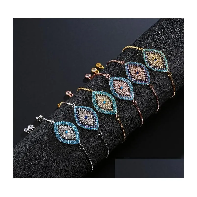 Charm Bracelets Fashion Turkish Gold Sier Evil Eye Bracelet Pave Cz Blue Eyes Chain Bangles Adjustable Women Girls Party Jewelry Drop Dhflm