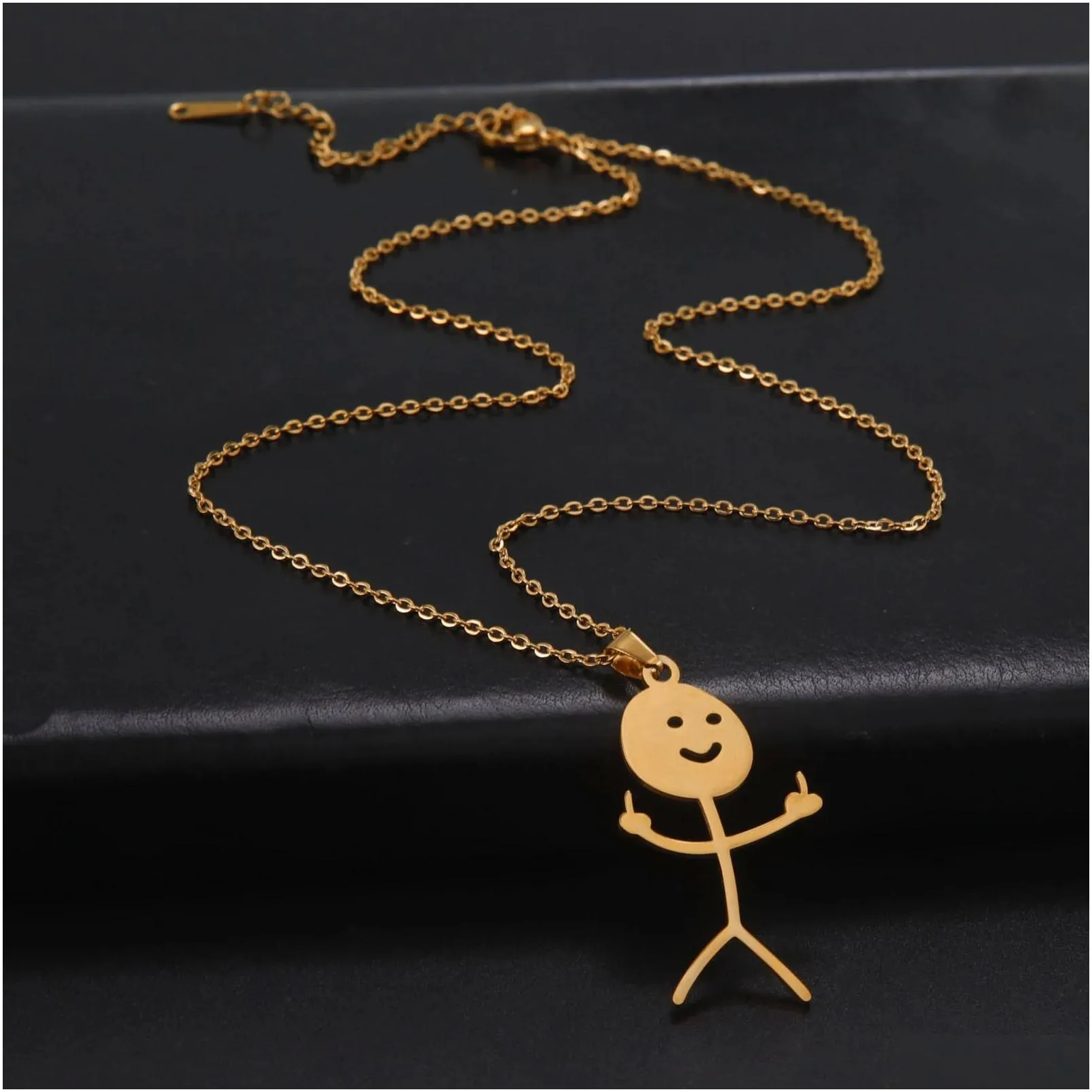 Middle Finger Stickman Pendant 14K Gold Necklaces Hip Hop Rock Punk Fxck You Funny Doodle Necklace Jewelry