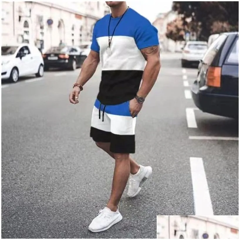 Men`S Tracksuits Summer Men S Short Sleeve T Shirts Oversized Shorts 2 Piece Sets Print Top Solid Color Tracksuit Casual Clothes Tshi Dhdm0