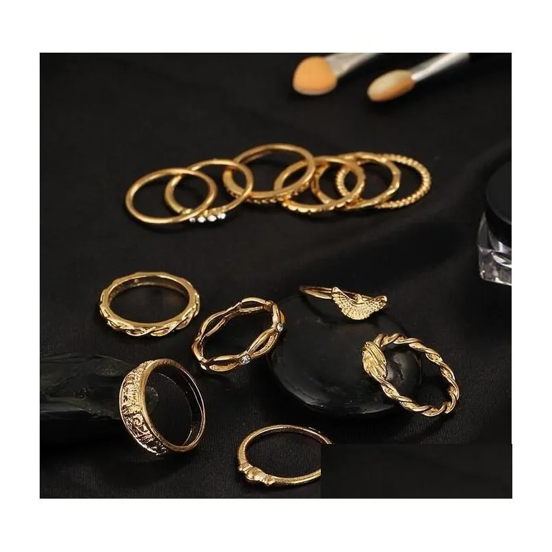 Band Rings 12 Pc/Set Charm Gold Color Midi Finger Ring Sets For Women Vintage Boho Knuckle Party Punk Jewelry Drop Delivery Dheio