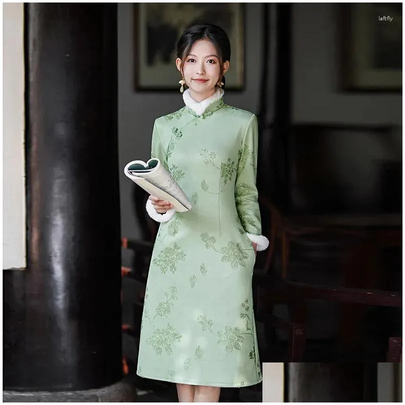 Ethnic Clothing Winter Suede Plus Velvet Thickened Embroidered Fur Collar Green Cheongsam Elegant Chinese Traditional Costume Qipao