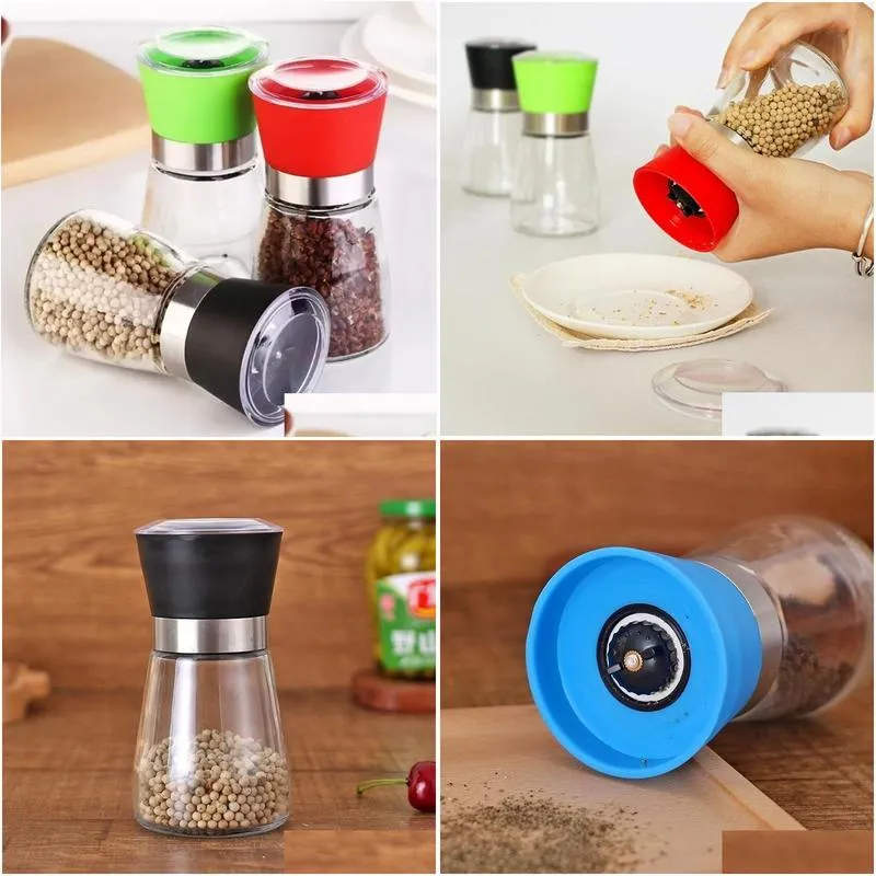 Mills Kitchen Tools Pepper Grinder Mill Glass Round Bottle Salt Herb Spice Hand Manual Cooking Bbq Seasoning Drop Delivery Home Garden Dhhue