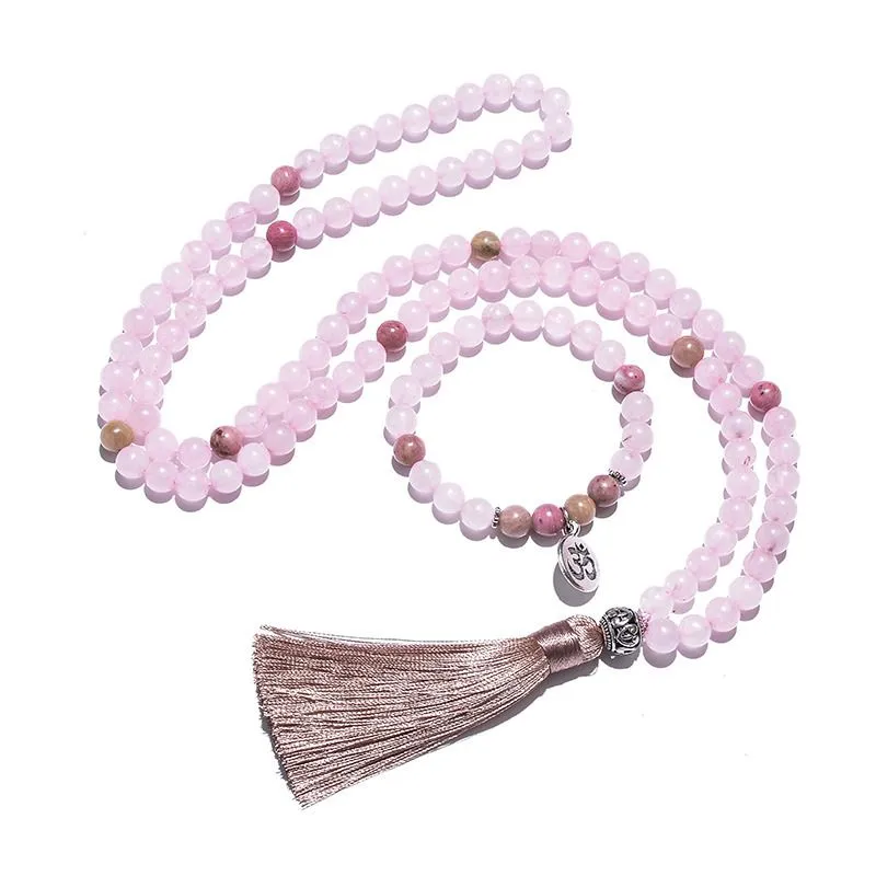 Beaded Necklaces 8mm Natural Rhodolite Rose Quartz Beaded Necklace Set Meditation Yoga Spirit Jewelry 108 Japa Mala Rosary with OM Pendant