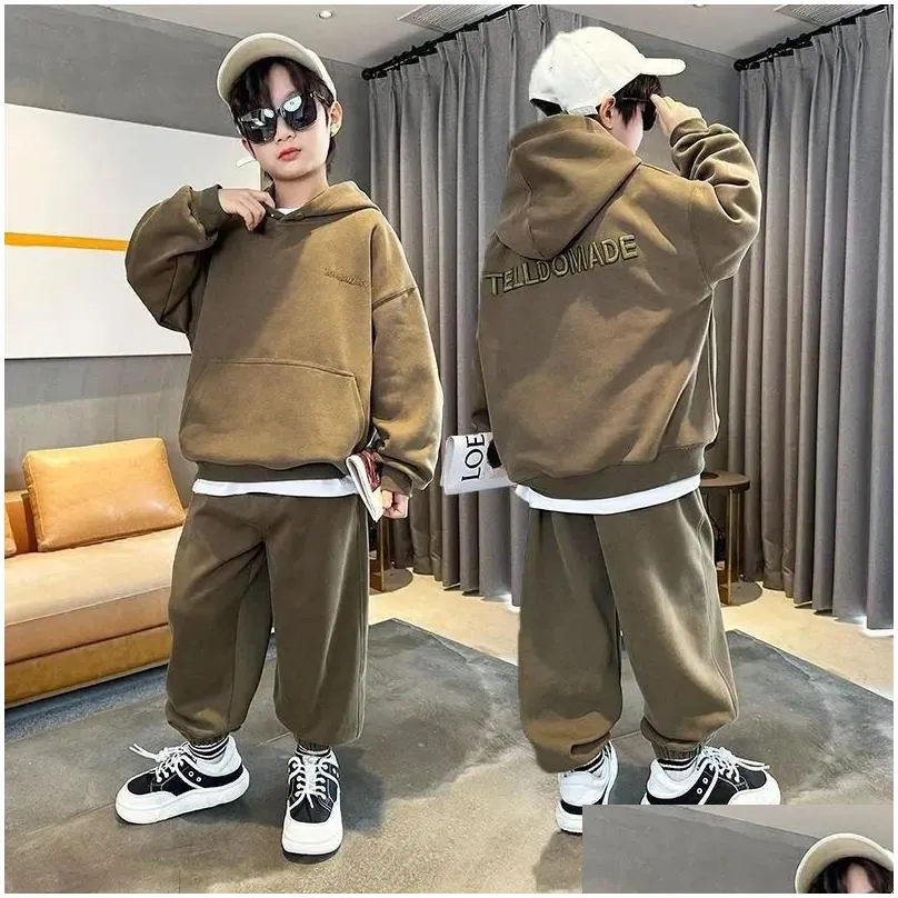 Clothing Sets Autumn Junior Boys Casual Sweatshirt Suit Clothes Kids Embroidered Letters Hooded Top Long Pants 2 Piece Set 3-15Y Spring Trend