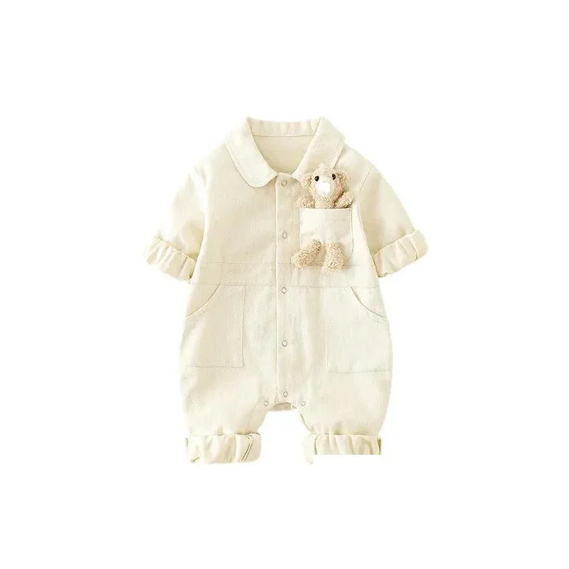 Rompers Autumn Denim Baby Jumpsuits Cute Pocket Bear Romper for Boys Girls born Overalls Korean Toddler Onesie Spring Kids Clothing