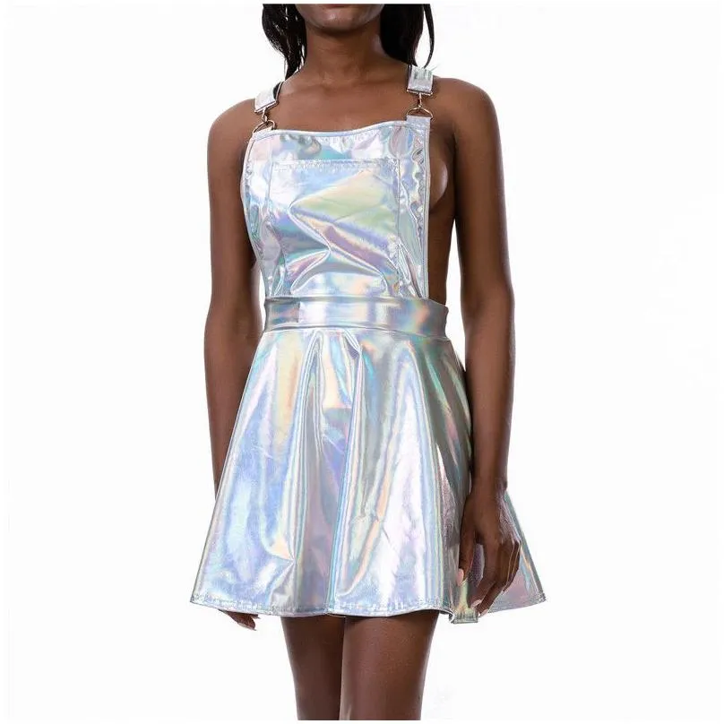 Basic & Casual Dresses Glitter Laser Holographic A Line Dress Women Backless Criss Cross Buckle Strap Wet Look Fall Fashion Y Mini 21 Dhmmf