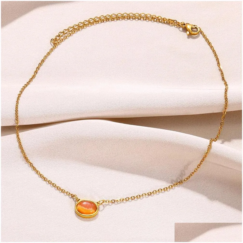 Orange Opal Round Shape 14k Yellow Gold Necklaces Pendant For Women Geometric Choker Neckaces Wedding Jewelry Gifts