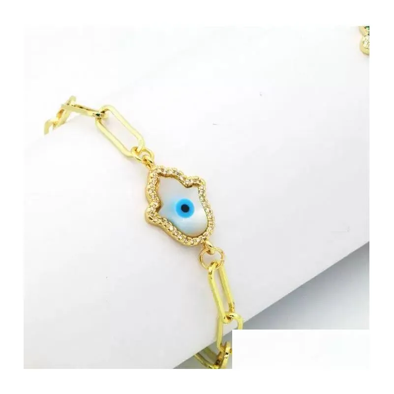 Charm Bracelets Gold Plated Cz Fatima Hand Evil Eye Copper Chain Bracelet Hip Hop Jewelry For Man Woman Party Gift Drop Delivery Dhtiq