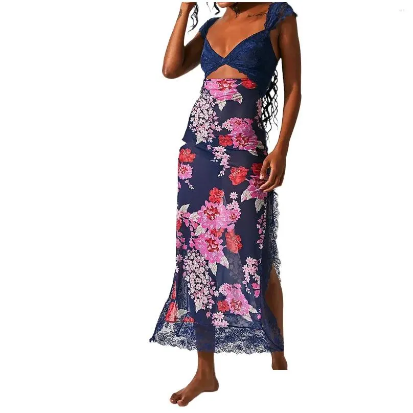 Casual Dresses Women Y2k Sexy Floral Print Bodycon Elegant Long Dress Sleeveless Spaghetti Straps Lace Patchwork