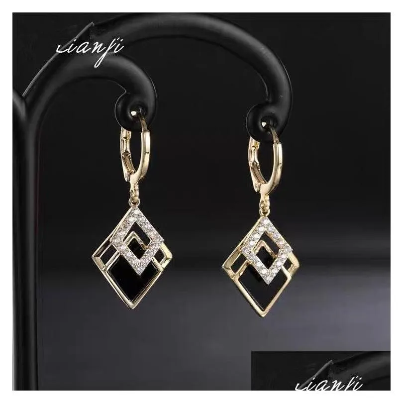 New Boutique Black Rhombus Zircon 14k Yellow Gold Earrings Womens Personality Stylish Delicate Daily Accessory Party Jewelry Birthday
