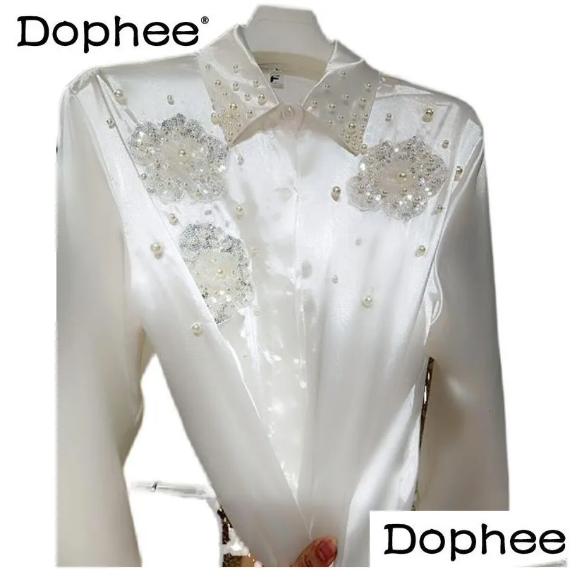 Women`S Blouses & Shirts Womens Korean 3D Flower Heavy Sequins Beaded White Shirt Women High End Satin Collar Long Sleeved Blouse Sum Dhlze