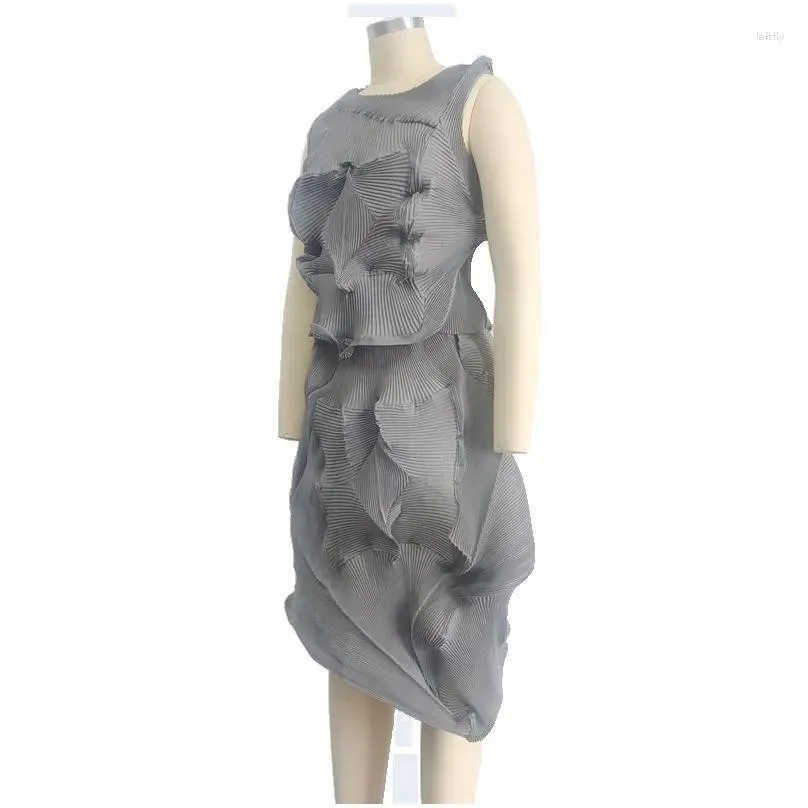 Work Dresses Miyake Pleated Suit Women`s 2024 Summer Irregular Elegant Two-piece Skirt Set Outfit For Prom Female Clothing