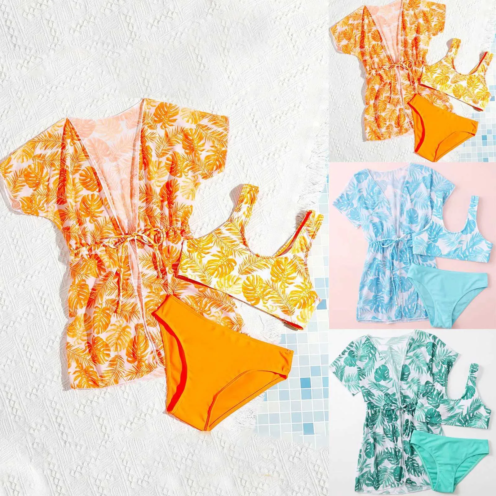 One-Pieces Kids Swimsuit Girls Leaves Print Bathing Suits Cute Bikini Swimsuit With Cover Up Teens Swimming Beachwear