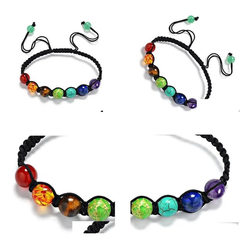 Beaded New 8Mm Chakra Beads Bracelets Adjustable Braided Rope Healing Turquoise Bracelet For Men Women Reiki Prayer Stones Arm Cuff D Dhgud