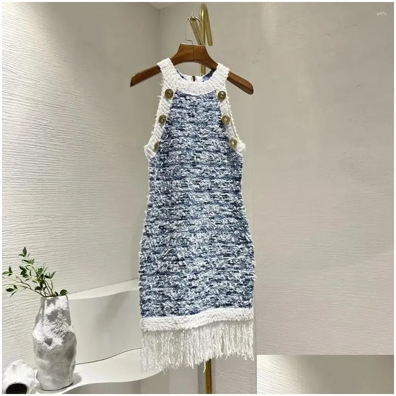 Casual Dresses Blue Sleeveless Fringed Tassels Knit Women Mini Dress 2024 Spring Summer