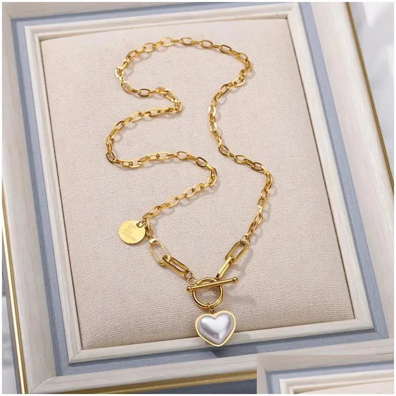 Punk Double Layer Love Heart Pearl Thick Clavicle Chain 14k Yellow Gold Necklace For Women Sweet Bead Trend Jewelry