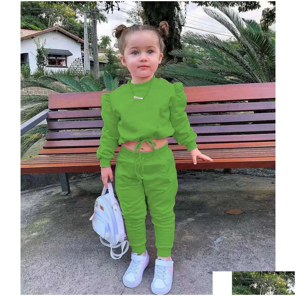 Soild Kids Tracksuit Girl Two Piece Set Outfit Sportswear Long Sleeve Crop Top Hoodie And Pants Sets 2023 Fashion Spring Autumn Baby Girl Clothes Suits