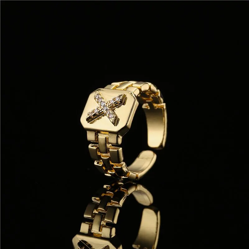 Trendy Gold Color Initial Ring For Women Girl AAA+ Cubic Zirconia A-Z Watchband Square Letter Open Female Jewelry Gift