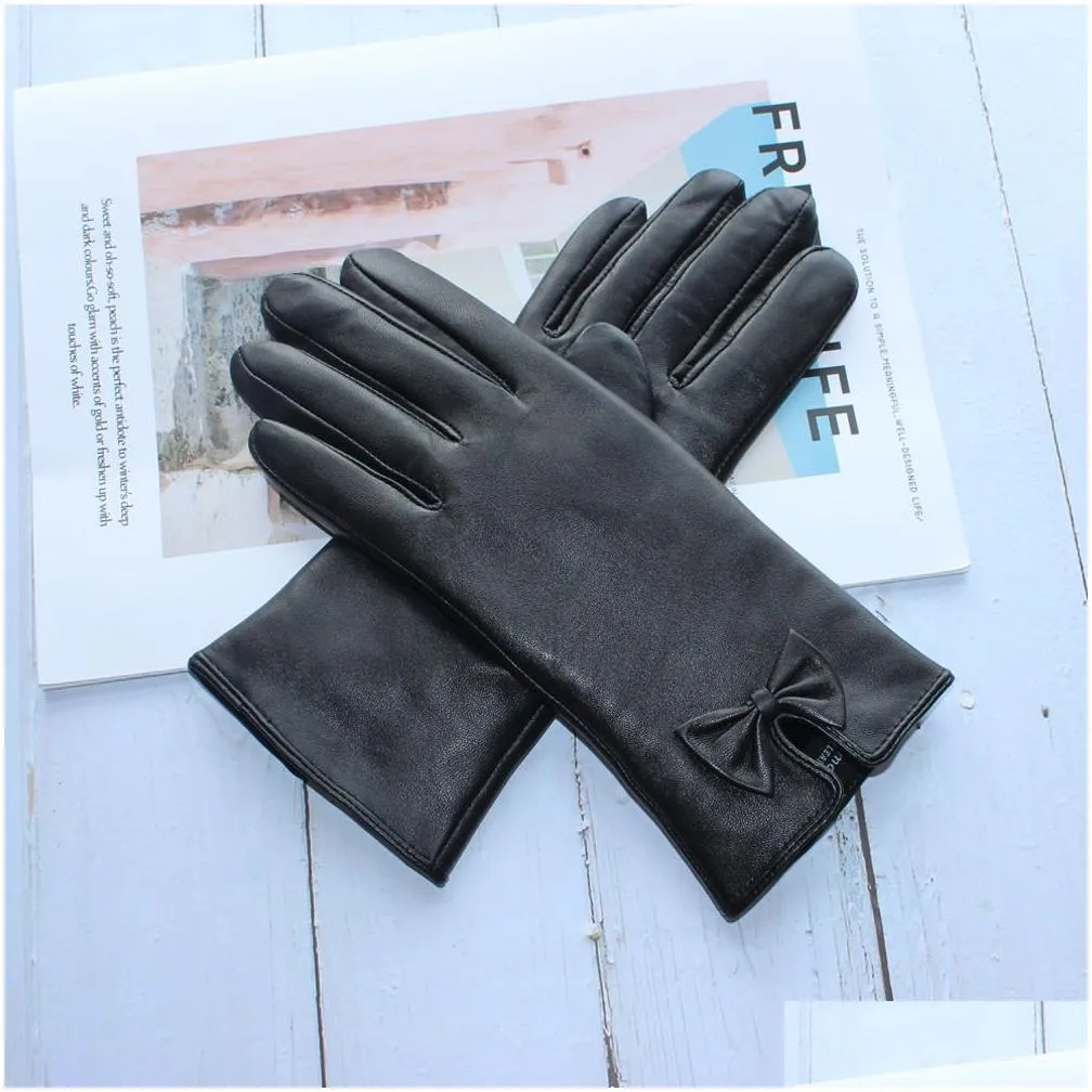 Five Fingers Gloves Fashion Women Genuine Leather Sheepskin Bow Decoration Veet Lining Keep Warm In Winter Black 230210 Drop Delivery Dhmbq