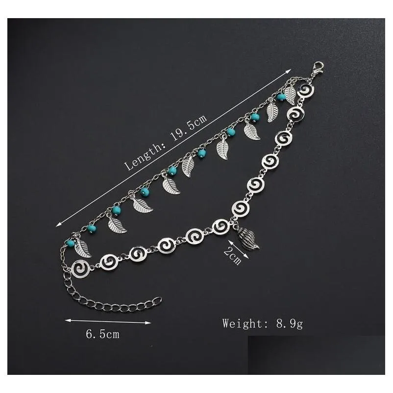 Anklets Vintage Sier Color Surf For Women Bohemian Beads Leaves Shell Anklet Fashion Jewelry Drop Delivery Dha2X