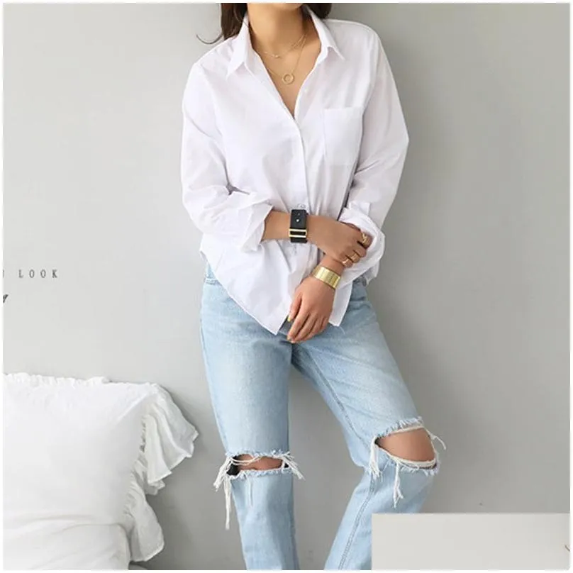 Women`S Blouses & Shirts Women And Feminine Blouse Top Long Sleeve Casual White Turn-Down Collar Ol Style Loose 3496 50 220725 Drop D Dhnuq