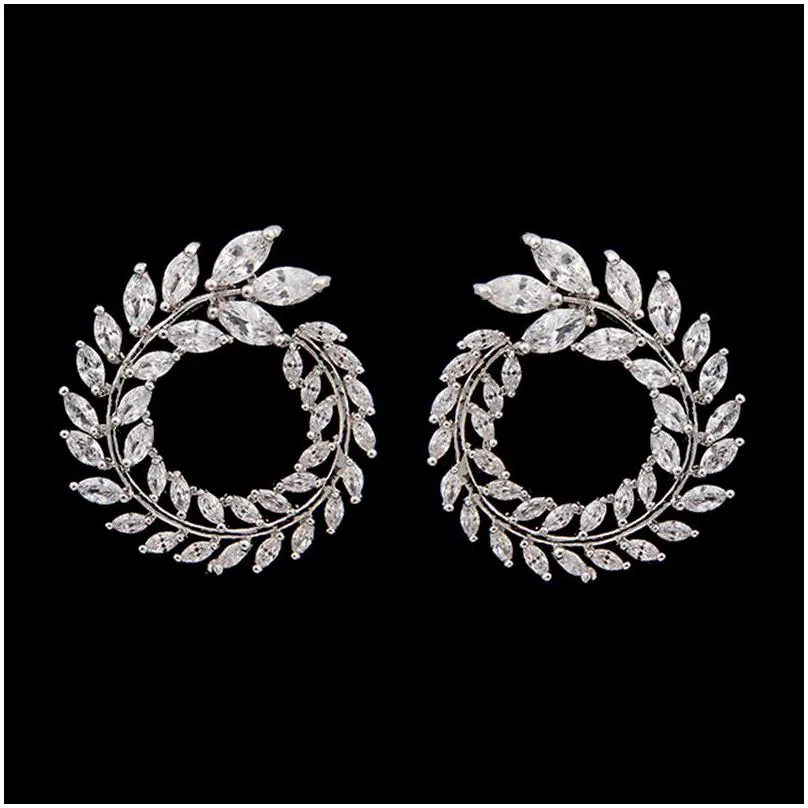 Luxury Olive Branch Cubic Zirconia Stud Earrings For Women White Gold Color Trendy Earring Brincos Gift E119