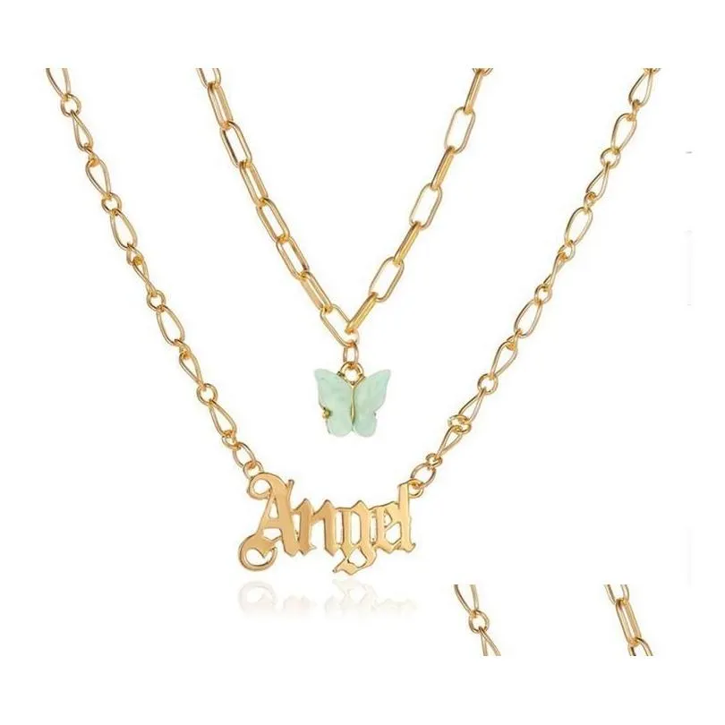 Pendant Necklaces Sweet Layered Necklace Girls Acrylic Butterfly Double Layer Letter Alphabet Angel Honey Jewelry Gift For Drop Delive Dhzw4