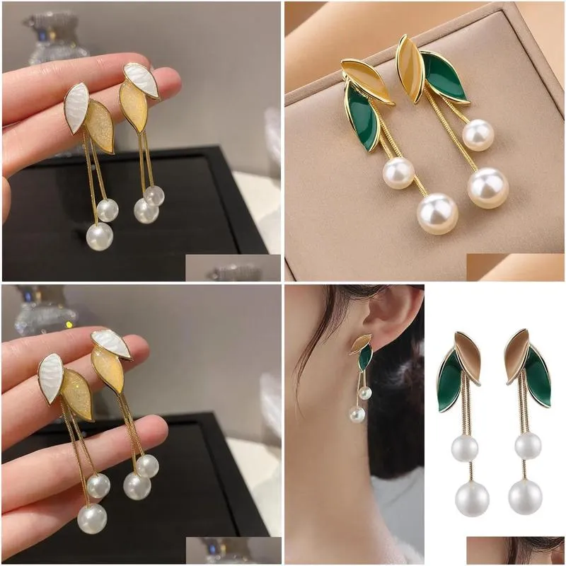 2024 New Fashion Trend Unique Design Elegant Delicate Light Luxury Pearl Leaf Tassel 14k Yellow Gold Earrings Women Jewelry Party Premium