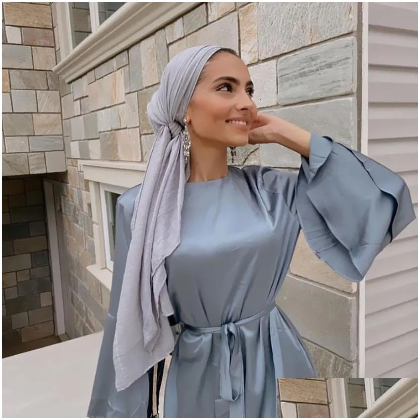 Ethnic Clothing Ramadan Eid Satin Hijab Dress Dubai Abaya Turkey Summer Flare Sleeve Muslim Fashion Maxi Dresses For Women Islam Kaft Dhdiv