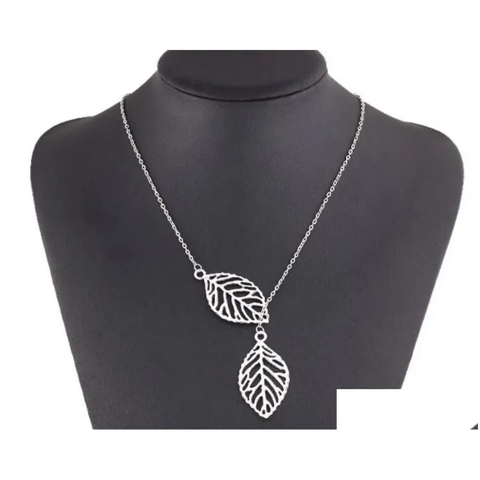 Pendant Necklaces Simple European Vintage Punk Gold Hollow Two Leaf Leaves Necklace Clavicle Chain Charm Jewelry Drop Delivery Pendant Dhf8G