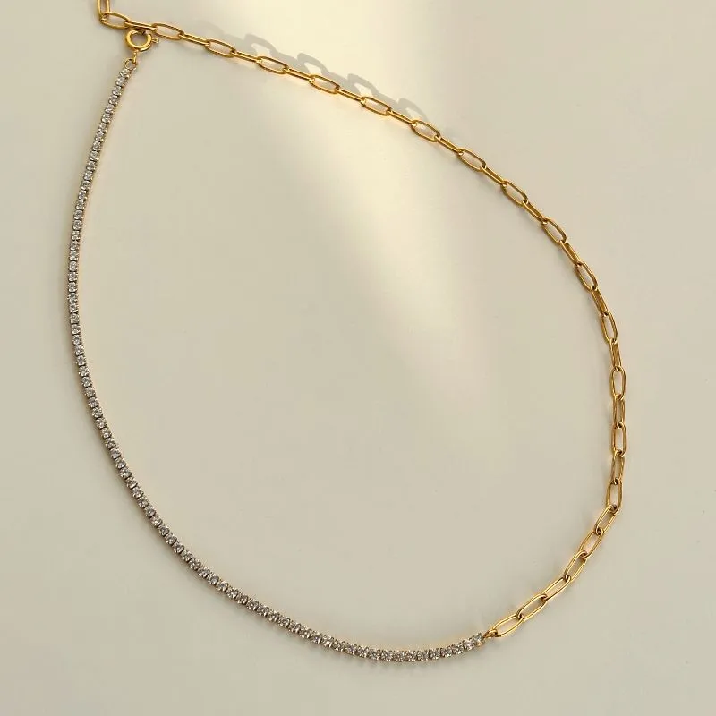 18k Gold Plated Necklace Tarnish Free Stainless Steel Mixed Design Paper Clip Zircon Tennis Chain Jewelry